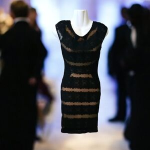 Lace Black Coctail Formal Dress By MYSTIC Over Flesh Color Slinky Sexy Size 4-6